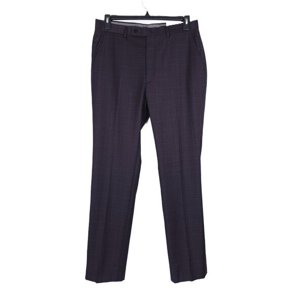 Calvin Klein Men's Slim-Fit Stretch Wool Suit Pant Navy Burgundy Plaid 33x32 NWT - Picture 2 of 6